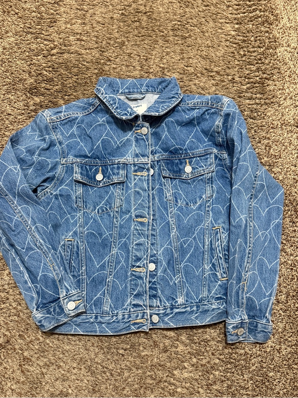Old Navy Blue Denim Jacket with White Heart Outline Print